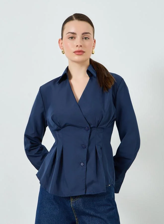 Styli Women Navy Blue Long Sleeve Wrap Top